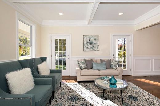 Living room with teal accent chairs and patterned rug — Storybook Homes NJ